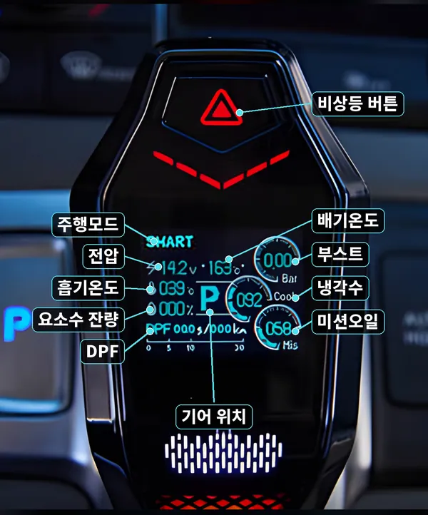 EGS007BT 화면에 표시되는 차량 정보: 전압, 흡기온도, 요소수 잔량, DPF, 배기온도, 부스트, 냉각수, 미션오일, 기어 위치, 주행모드
